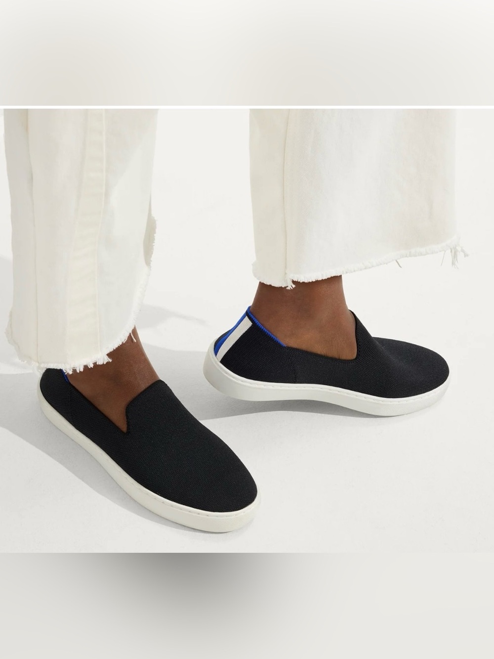 Rothy’s Original Slip On Sneaker Black with Blue Trim